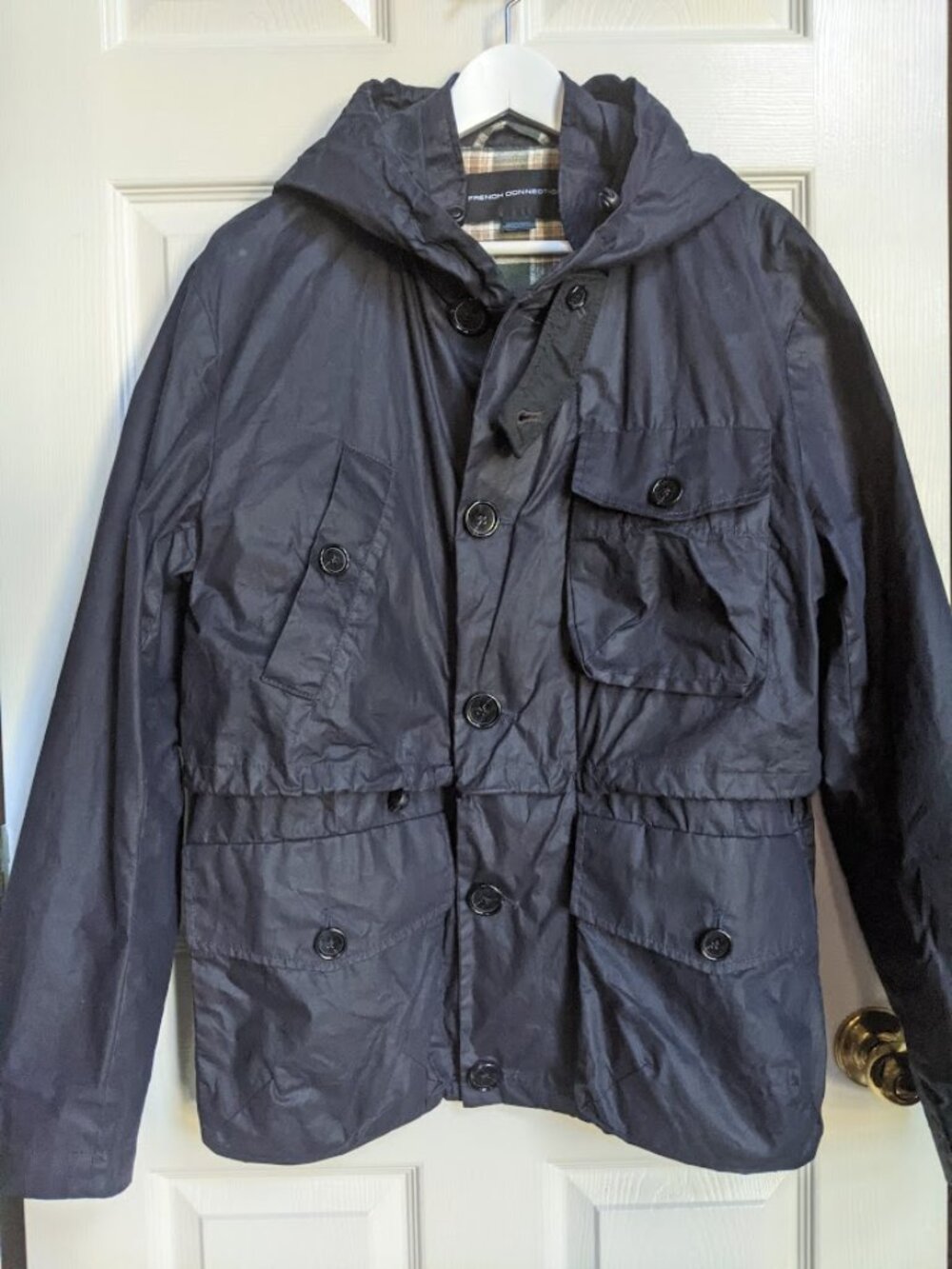Navy Blue Mens French Connection Lined Hooded Cotton Waxed Jacket Sz: M